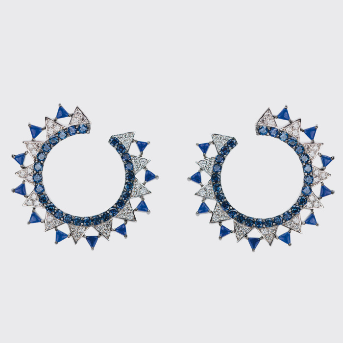White gold hoop earrings with white diamonds, blue sapphires and lapis
