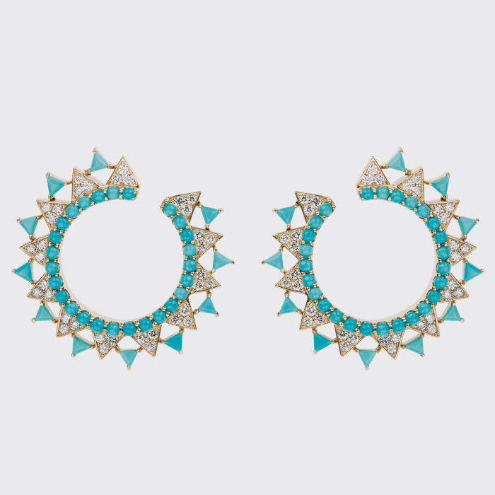 Yellow gold hoop earrings with white diamonds and turquoises