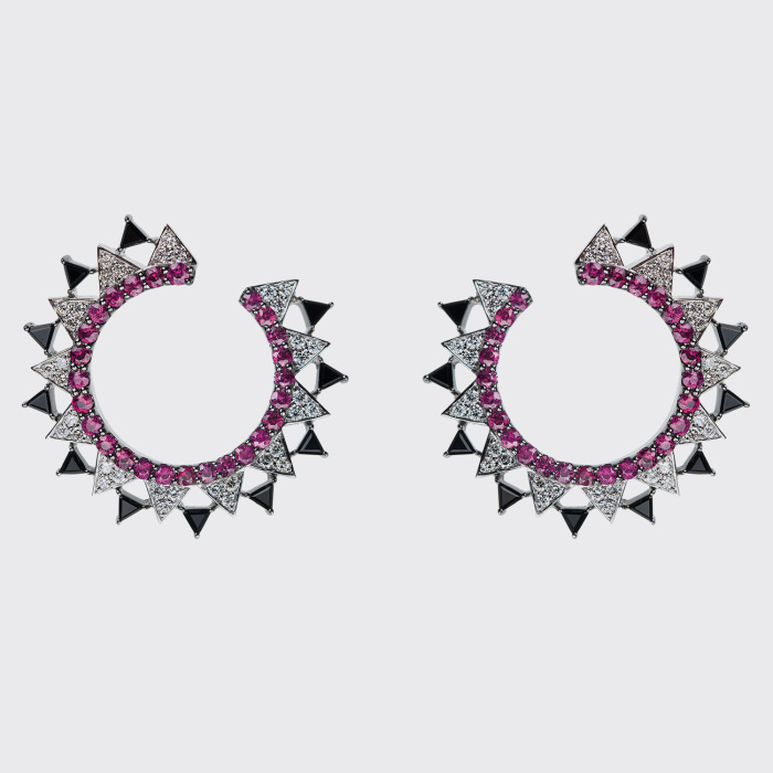 White gold hoop earrings with white diamonds, rubies and black onyx