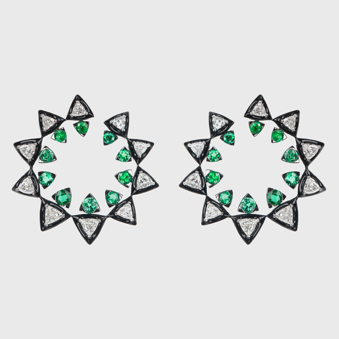 White gold hoop earrings with trillion emeralds, white diamonds and black enamel