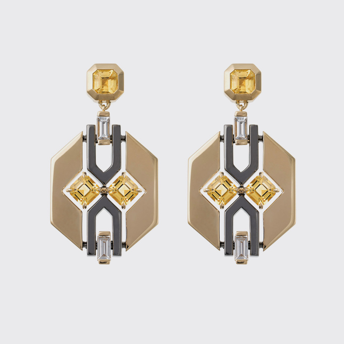Yellow and black gold earrings with yellow sapphires and white diamonds