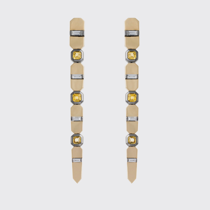 Yellow and black gold long earrings with yellow sapphires and white diamonds