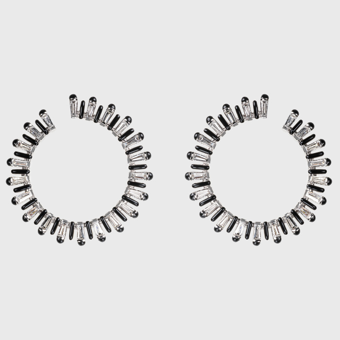 White gold hoop earrings with white diamond baguettes and black enamel