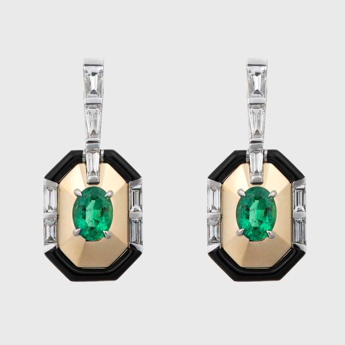 White and yellow gold earrings with oval emeralds, white diamond baguettes and black enamel