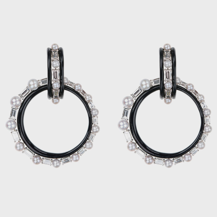 White gold hoop earrings with white diamonds, silver pearls and black enamel