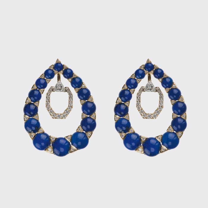 Yellow gold earrings with white diamonds and lapis