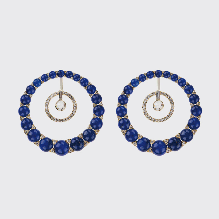 Yellow gold hoop earrings with white diamonds and lapis