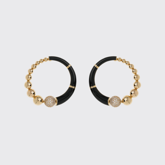 Yellow gold hoop earrings with white diamonds and black enamel