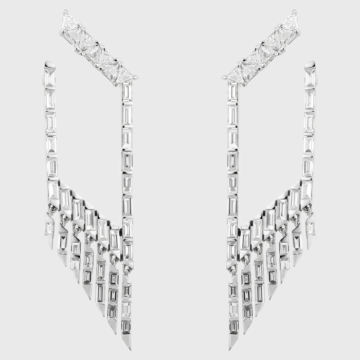White gold fringe earrings with trillion and baguette white diamonds