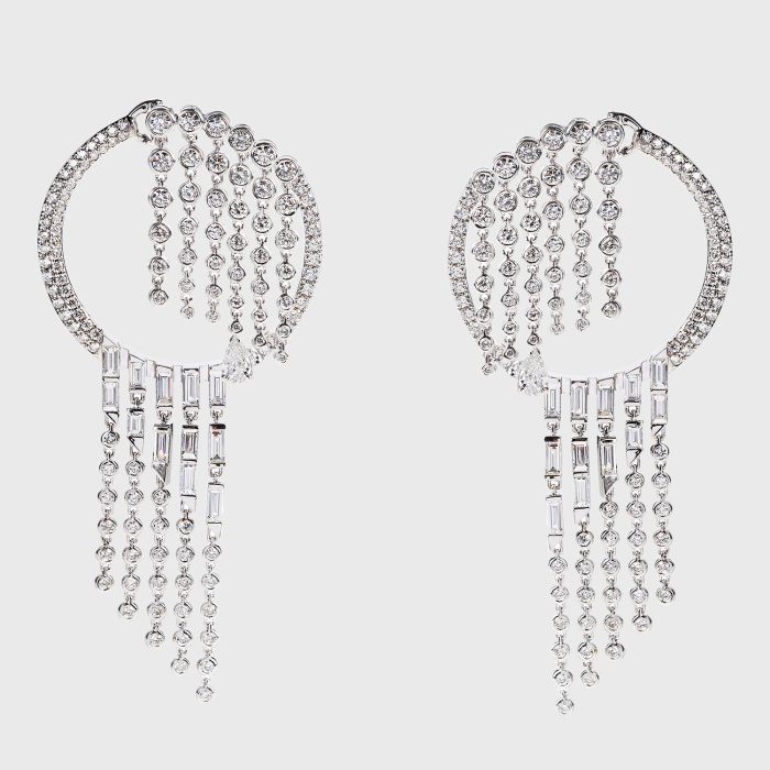 White gold fringe earrings with round and baguette white diamonds