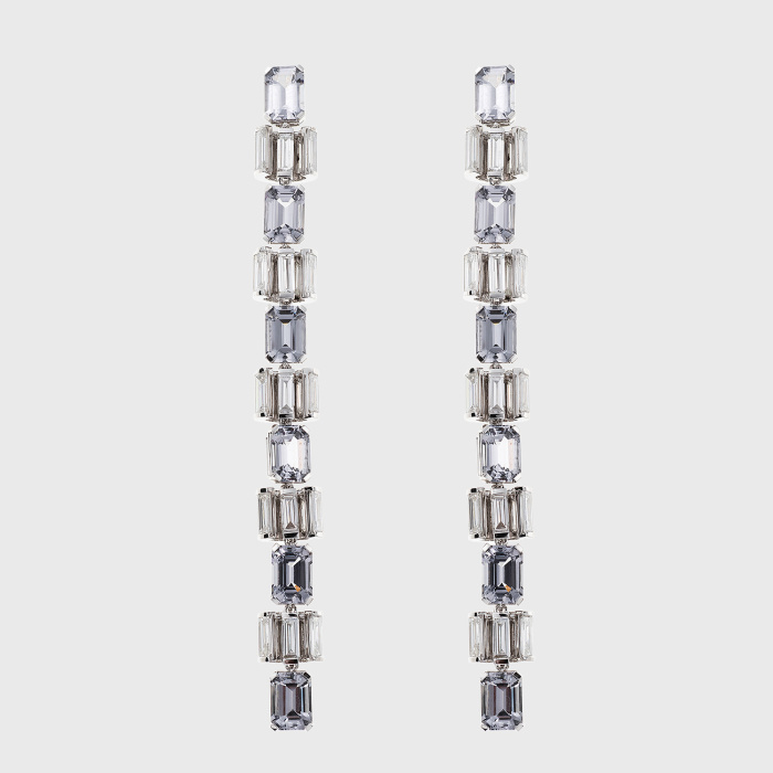 White gold long earrings with white diamonds and grey spinnels