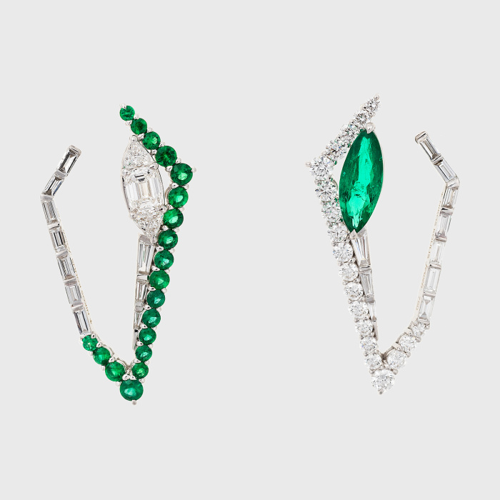 White gold mismatched earrings with marquise emerald, round emeralds, round and white diamond baguettes