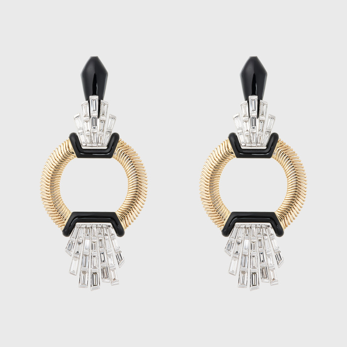 Yellow gold chain earrings with white diamond baguettes and black enamel