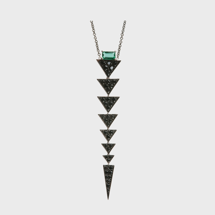 Black gold pendant necklace with black diamonds and emerald
