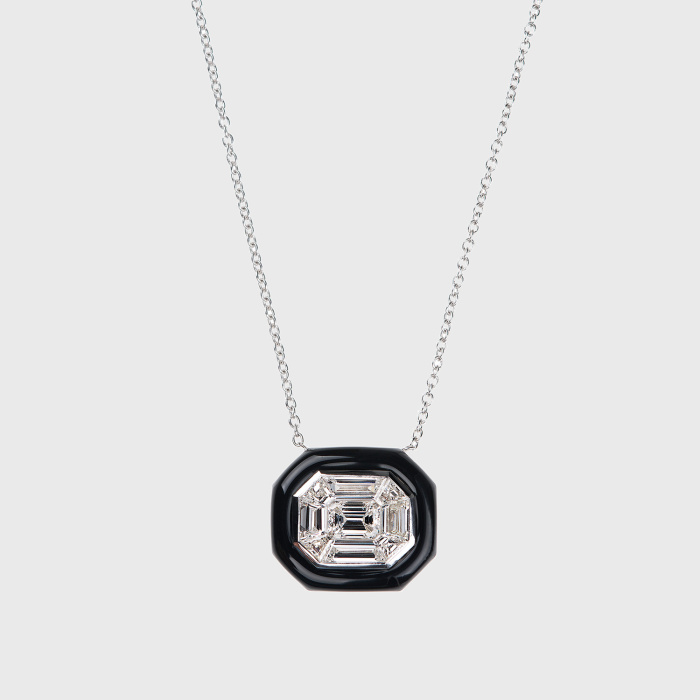 White gold pendant necklace with illusion set white diamonds and black enamel