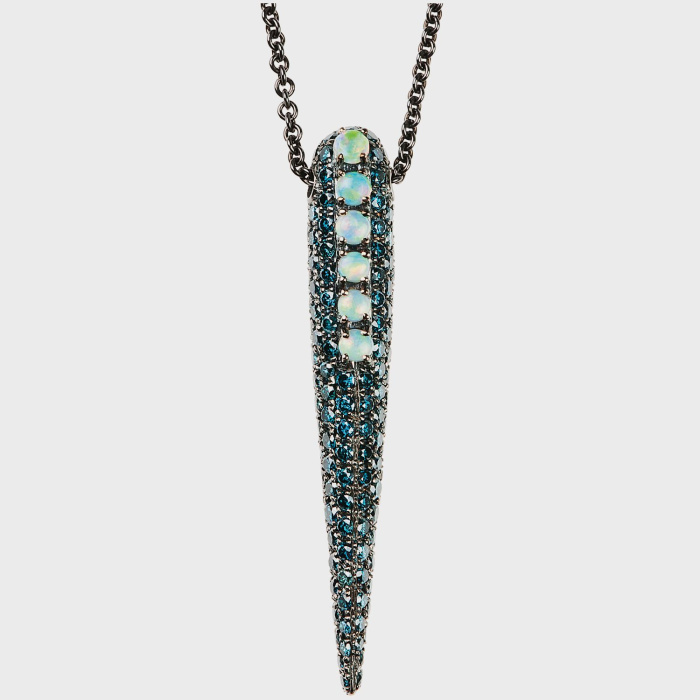 Black gold pendant necklace with blue diamonds and opals
