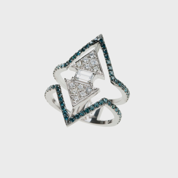 White gold ring with white diamonds and blue diamonds