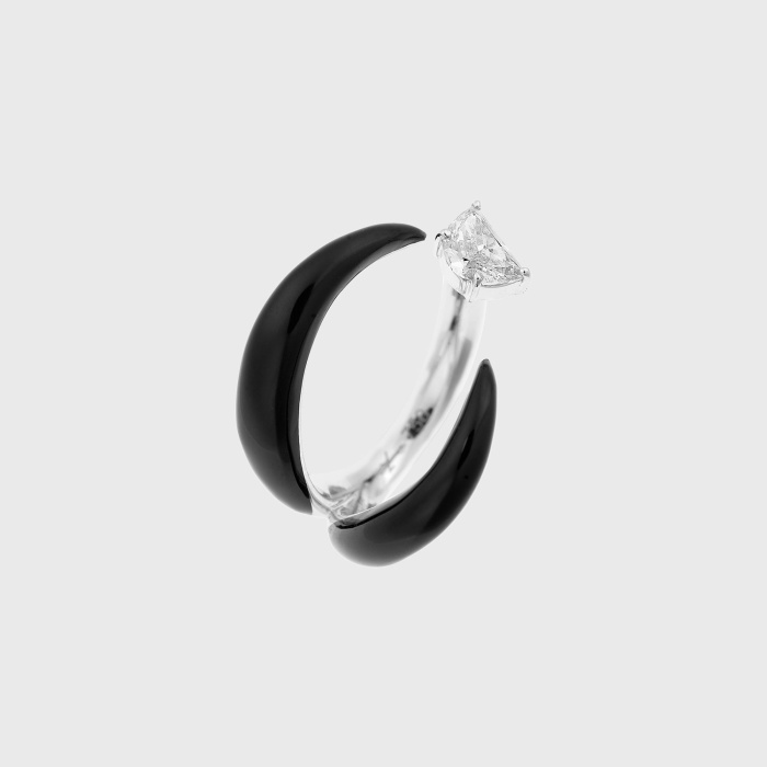 White gold open ring with half moon white diamond and black enamel