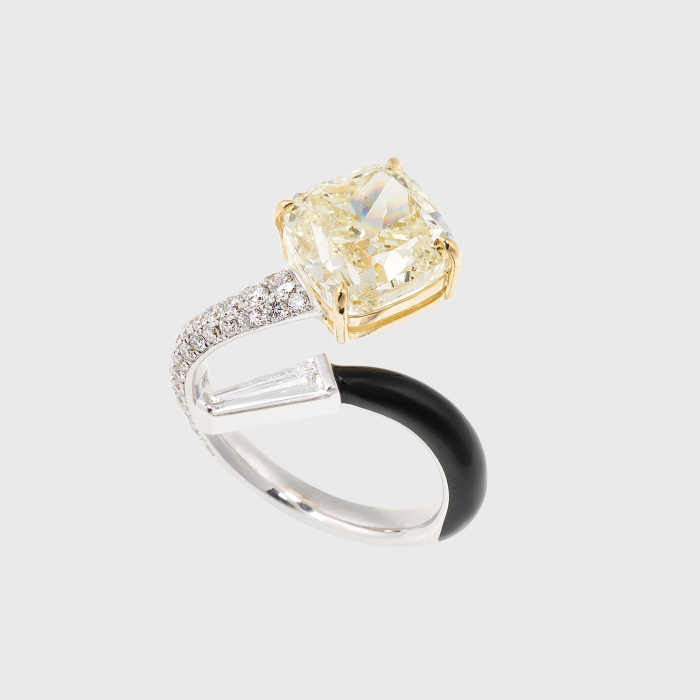 White gold ring with cushion yellow diamond, white diamonds and black enamel