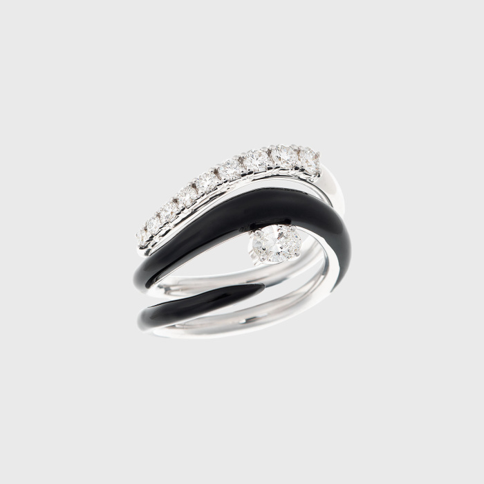 White gold ring with oval white diamond, round white diamonds and black enamel