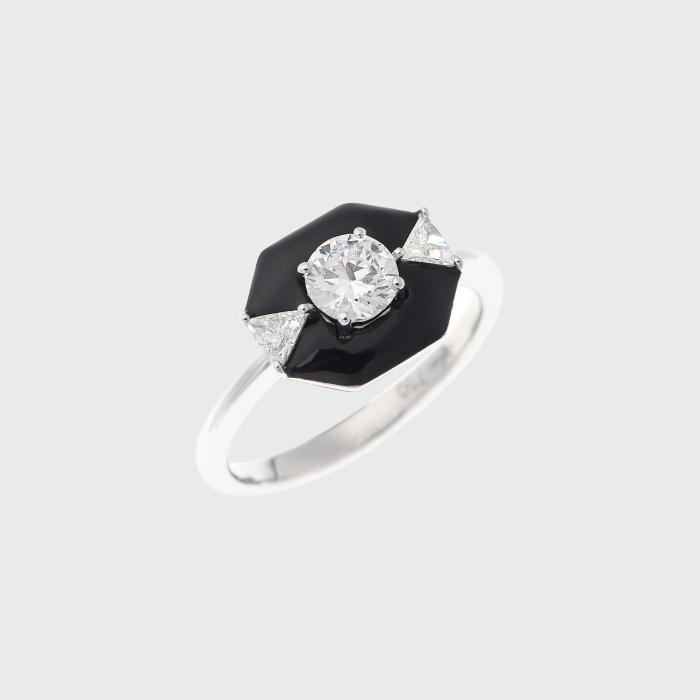 White gold ring with round and trillion white diamonds and black enamel