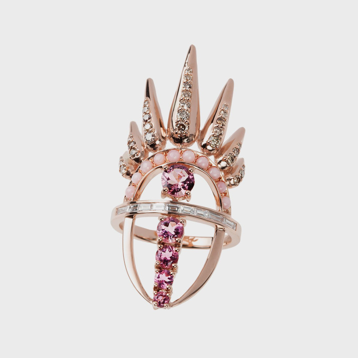 Rose gold ring  with brown diamonds, white diamond baguettes and pink tourmalines