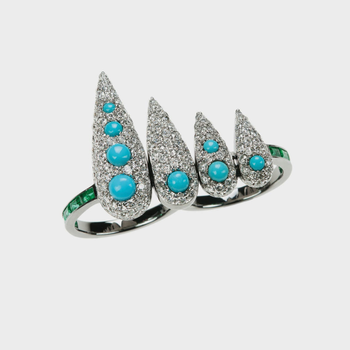 White gold double finger ring with white diamonds, turquoises and emeralds