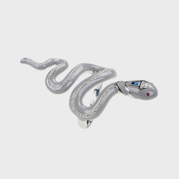 White gold snake ring with white diamonds, blue sapphire, rubies and grey enamel