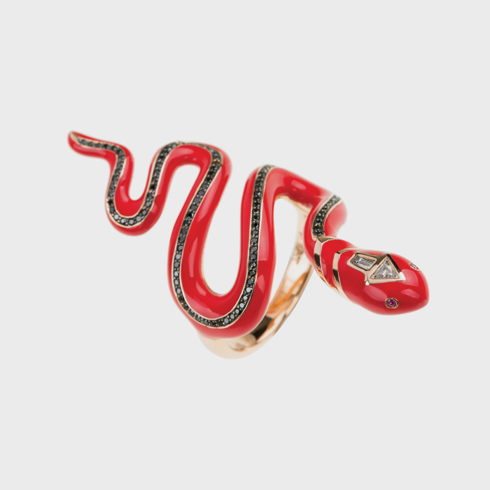 Rose gold snake ring with white diamonds, black diamonds, ruby and red enamel