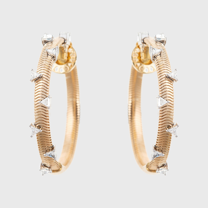 Yellow gold chain hoop earrings with trillion and princess cut white diamonds