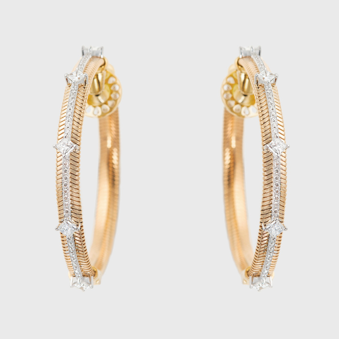 Yellow gold chain hoop earrings with trillion white diamonds