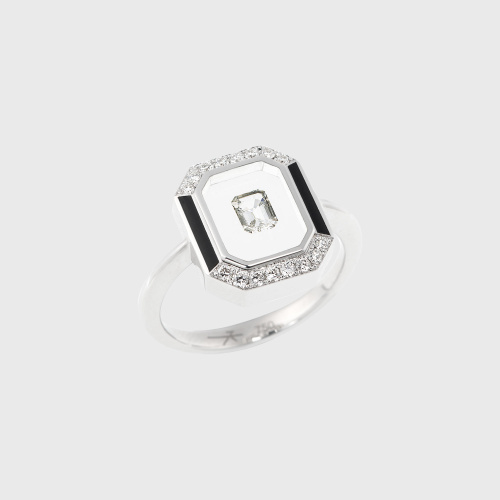 White gold ring with white diamonds in translucent and black enamel