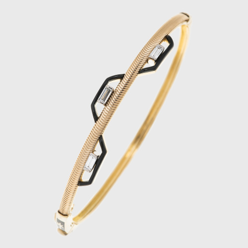 Yellow gold chain bangle bracelet with white diamond baguettes and black enamel
