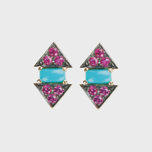 Black gold stud earrings with rubies and turquoises