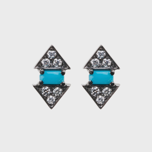 Black gold stud earrings with white diamonds and turquoises