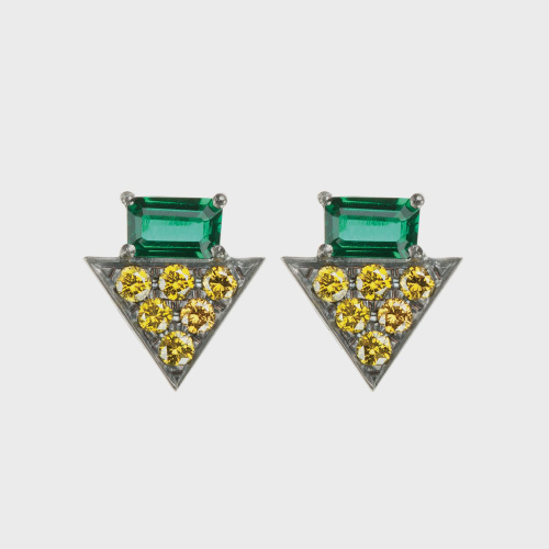 Black gold stud earrings with yellow diamonds and emeralds