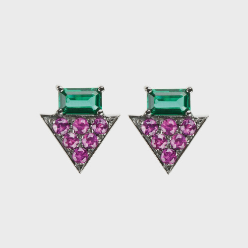 Black gold stud earrings with rubies and emeralds