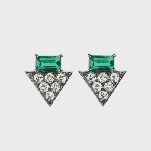 Black gold stud earrings with white diamonds and emeralds