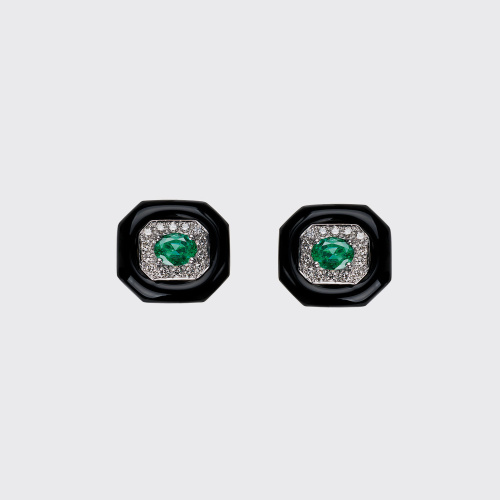 White gold stud earrings with white diamonds, emeralds and black enamel