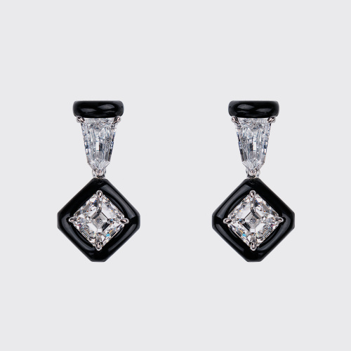 White gold small earrings with trillion and asscher cut white diamonds and black enamel