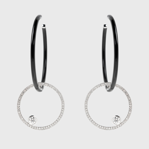 White gold hoop earrings with white diamonds and black enamel