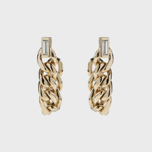Yellow gold small earrings with white diamond baguettes