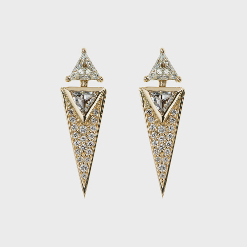 Yellow gold small earrings with white diamonds and trillion white diamond