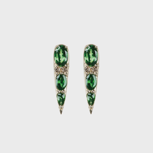 Yellow gold stud earrings with brown diamonds and tsavorites