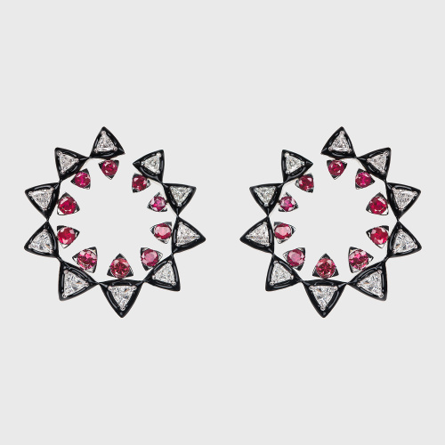 White gold hoop earrings with trillion rubies, white diamonds and black enamel