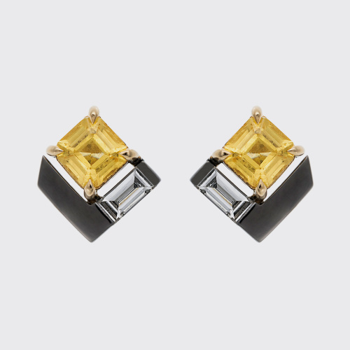 Yellow and black gold stud earrings with yellow sapphires and white diamonds