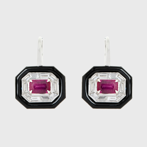 White gold earrings with rubies, white diamond baguettes and black enamel