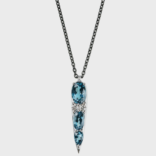 White gold pendant necklace with white diamonds and london blue topazes