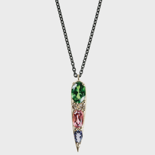 Yellow gold pendant necklace with brown diamonds, tsavorite, pink tourmaline and iolite