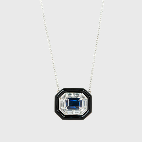 White gold pendant necklace with blue sapphire, white diamond baguettes and black enamel